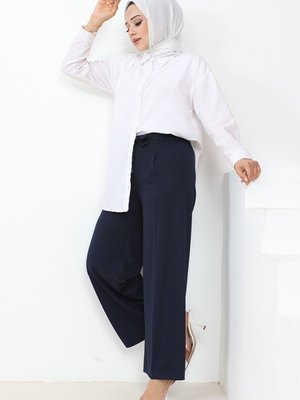 Meva Kemerli Bol Paça Pantolon Lacivert