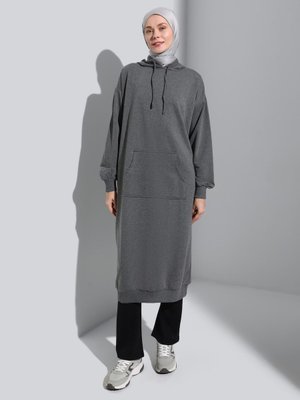 Kanguru Cepli Kapüşonlu Uzun Sweatshirt Antrasit