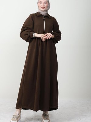 Yaka Detay Fermuarlı Elbise Kahve