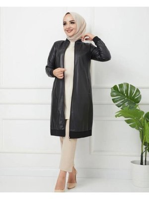 Siyah Altı Lastikli Deri Ceket