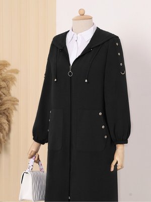 Omuzları Düğme Detaylı Kapüşonlu Kap Siyah