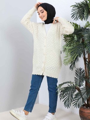 Krem Kendinden Desenli Triko Hırka