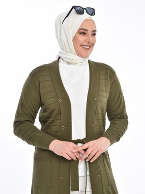 Kadin Hirka Tesettur Uzun V Yaka Orgu Desen Triko Haki Kadin Hirka Tesettur Uzun V Yaka Orgu Desen Triko Haki