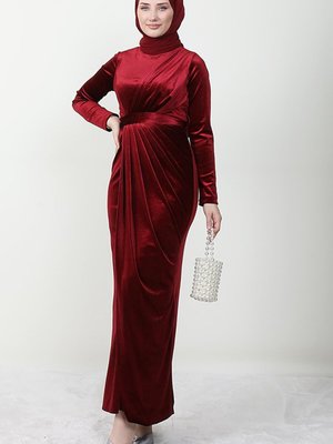Drape Kadife Elbise Bordo