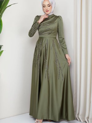 Haki Drapeli Taşlı Saten Abiye Elbise