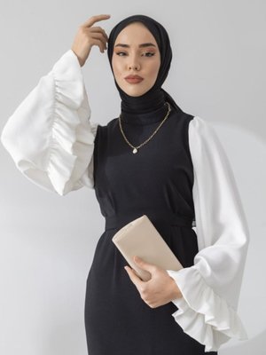 Kendinden Kemerli Kol Fırfır Detaylı Elbise