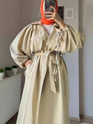 Kadın Bej (taş) Manşetleri Büzgülü Cepli Kuşaklı Kap T Kadın Bej (taş) Manşetleri Büzgülü Cepli Kuşaklı Kap T