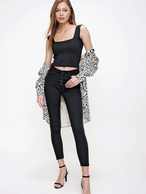 Füme Yüksek Bel Metal Düğme Kot Pantolon