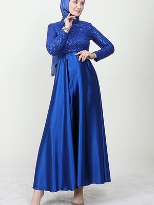 Pul Payet Saten Kloş Elbise Saks Pul Payet Saten Kloş Elbise Saks