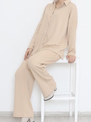 Burgulu Gömlekli Takım Bej