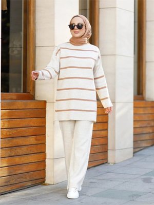 Çizgili Kalın Örgü Triko Takım Çizgili Kalın Örgü Triko Takım