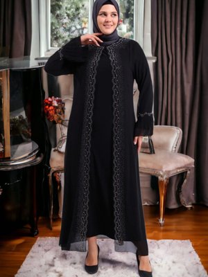 Ferace Büyük Beden Taşlı Ve İnci Desenli Kolları Piliseli Anne Abiye