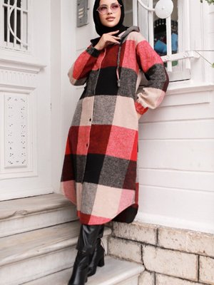 Devrin Kapüşonlu Ekose Kap Bordo