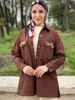 Kahve Cepleri Dalga Taşlı Gabardin Ceket