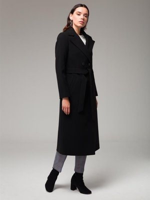 Kruvaze Belden Bağlamalı Ara Boy Kaban Siyah