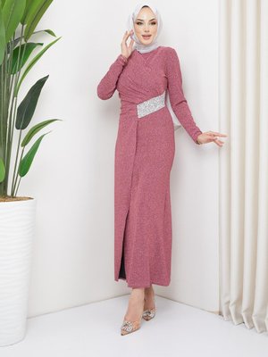 Linda Simli Taşlı Kalem Abiye Elbise Pudra