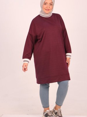 Mürdüm Büyük Beden İki İplik Ribanalı Kısa Sweat