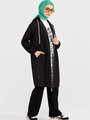 Siyah Baskı Detaylı Kapüşonlu Twin Set