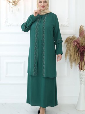 Kristal Taşlı Abiye Elbise Zümrüt