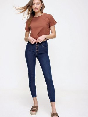 Koyu Mavi Yüksek Bel Metal Düğme Kot Pantolon