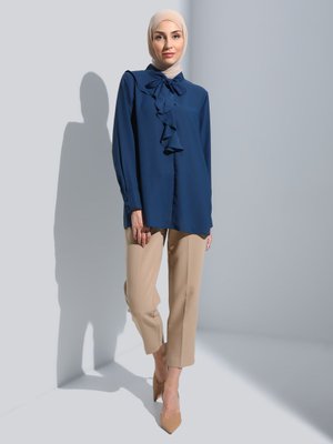 Kirli Lacivert İpek Tuşeli Fırfır Detaylı Tunik