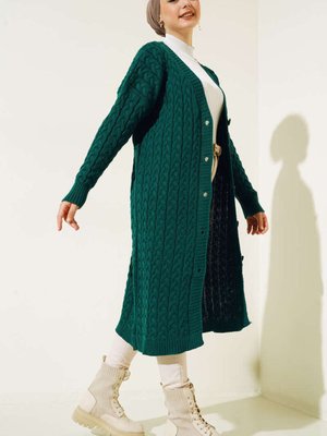 Düğmeli Uzun Triko Hırka Zümrüt Yeşili