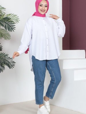Taş Detaylı Oversize Gömlek Beyaz Taş Detaylı Oversize Gömlek Beyaz