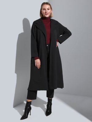 Siyah Büyük Beden Kuşak Detaylı Iki İplik Orme Kap