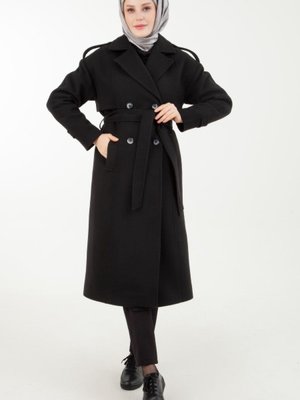 Armine Trend Kruvaze Kapama Yanlardan Cepli Kaşe Kaban