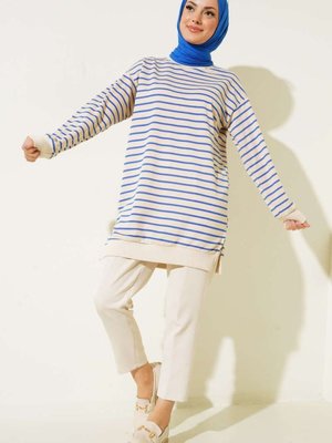 İki İplikli Tesettür Tunik Çizgili Sweatshirt