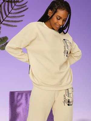 Krem Yazı Detaylı Örme Sweatshirt