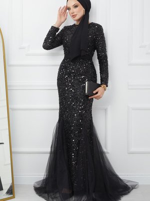 Siyah Pul Payetli Altı Tül Detaylı Balık Abiye Elbise