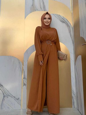 Bel Lastikli Düğme Görünümlü Kemer Aksesuarlı Tulum Taba