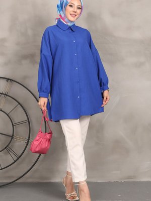 Saks Mavi Kol Bağlamalı Kendinden Desenli Gömlek