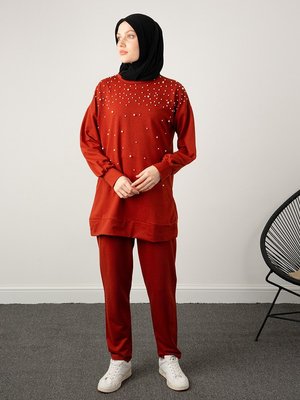 Taba Serpme İnci Detaylı İkili Pantolon Takım Taba Serpme İnci Detaylı İkili Pantolon Takım