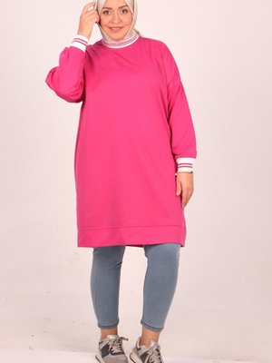 Fuşya Büyük Beden İki İplik Ribanalı Kısa Sweat