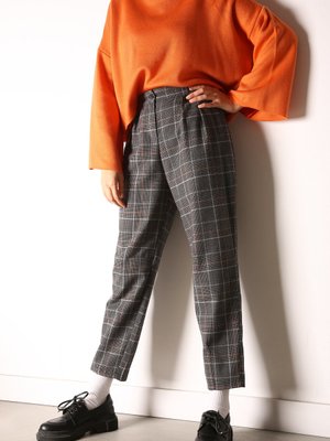 Gri Ekoseli Cepli Pileli Slouchy Pantolon