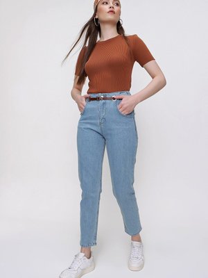 Açık Mavi Kuş Gözü Detaylı Kemerli Yüksek Bel Pantolon