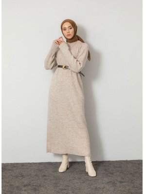 Kadın Fitilli Triko Elbise Taş Renk