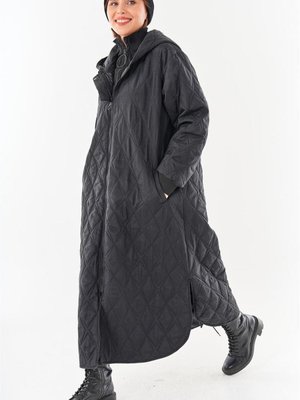 Kapitone Uzun Siyah Mont