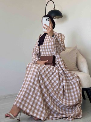 Nur Gofre Kareli Elbise Bej Nur Gofre Kareli Elbise Bej