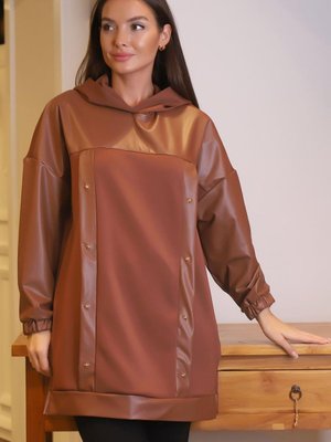 Kahve Kapüşonlu Deri Detaylı Tunik