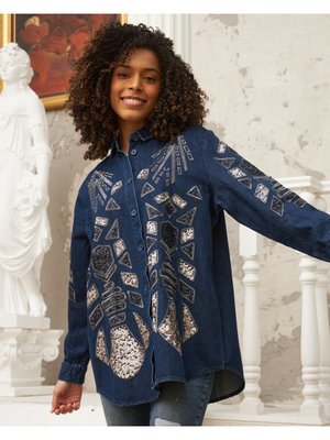 Denim Gömlek Nakışlı Tesettür