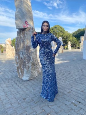 Püsküllü Eylül Abiye Elbise İndigo