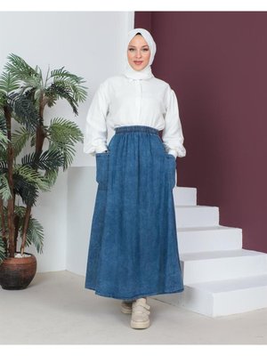 Cep Detaylı Açık Kar Yıkama Kot Etek