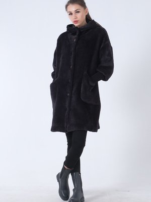 Siyah Gold Düğmeli Kapüşonlu Yün Peluş Kaban