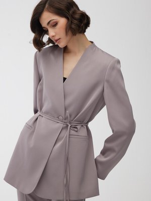 Kemerli Yakasız Saten Blazer Ceket Gri