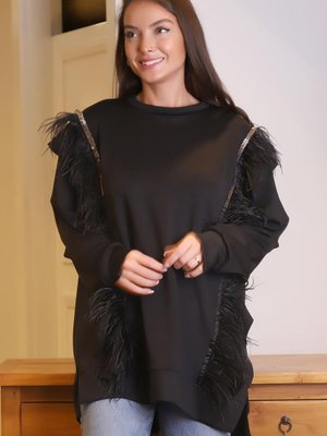 Siyah Fırfırlı Tüylü Sweatshirt Siyah Fırfırlı Tüylü Sweatshirt