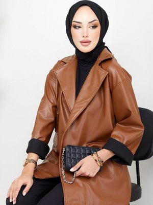 Oversize Deri Ceket Taba Oversize Deri Ceket Taba