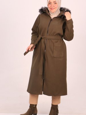 Haki Büyük Beden Çıkarılabilir Kapüşonlu Kaşe Kaban